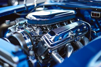 Custom Chrome V8 Engine In Blue Car
