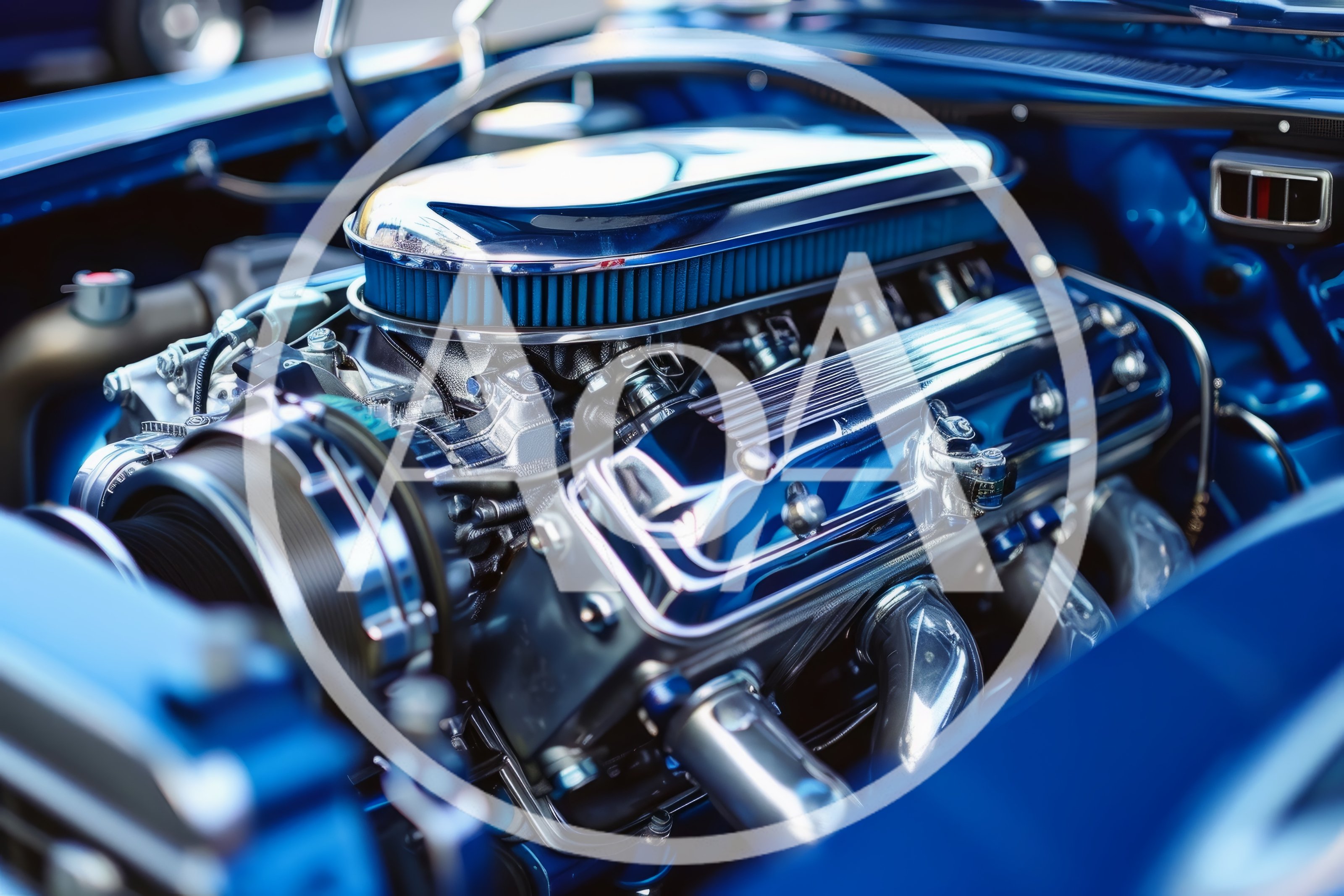 Custom Chrome V8 Engine In Blue Car