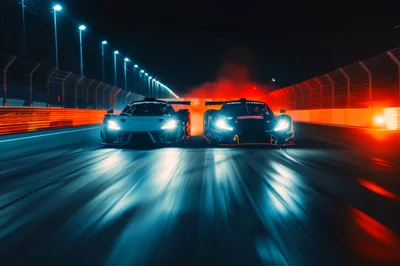 Two Racing Cars Speeding On A Night Track