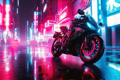 Black Sportbike Parked on Neon Lit City Street