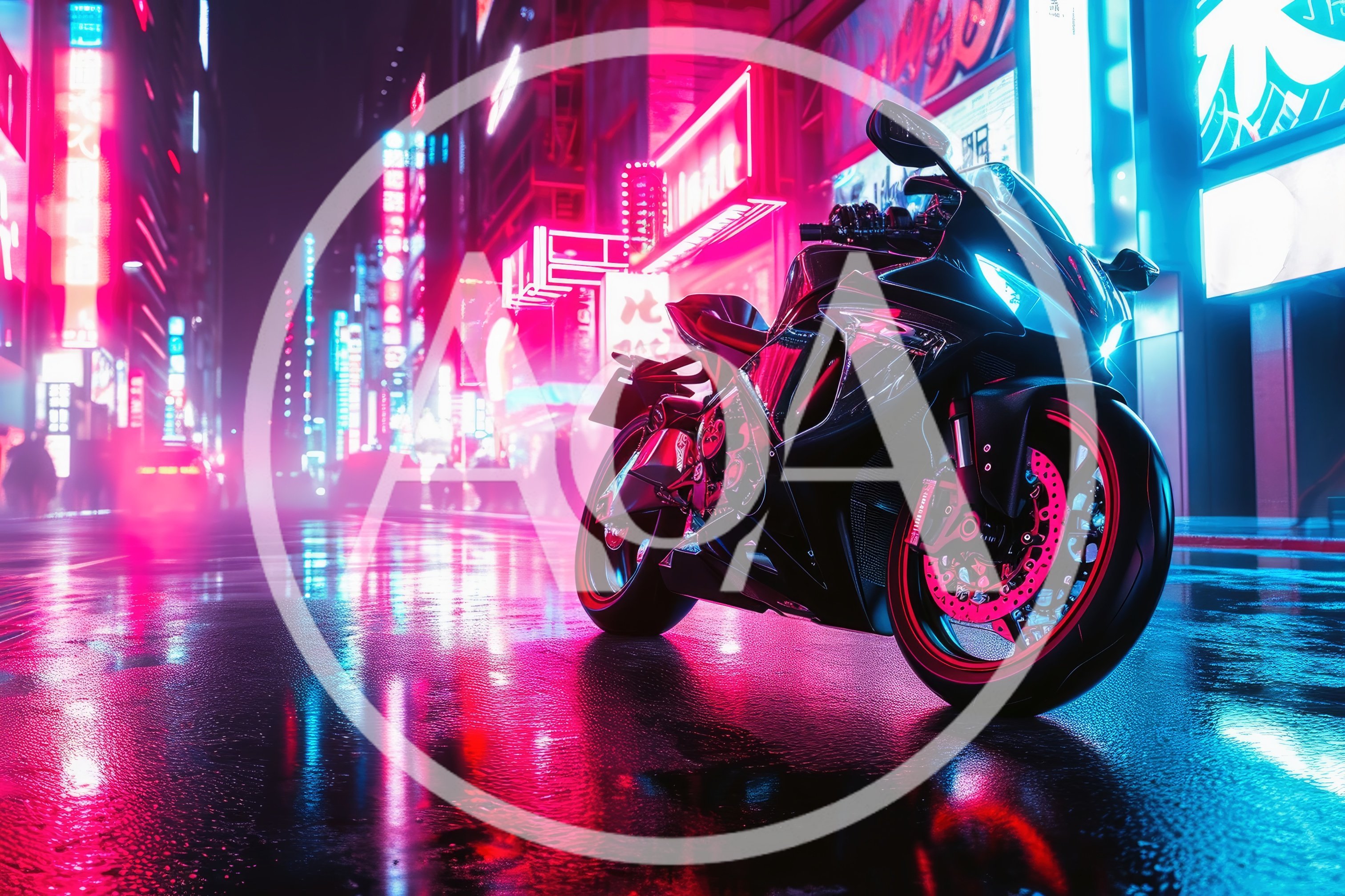 Black Sportbike Parked on Neon Lit City Street