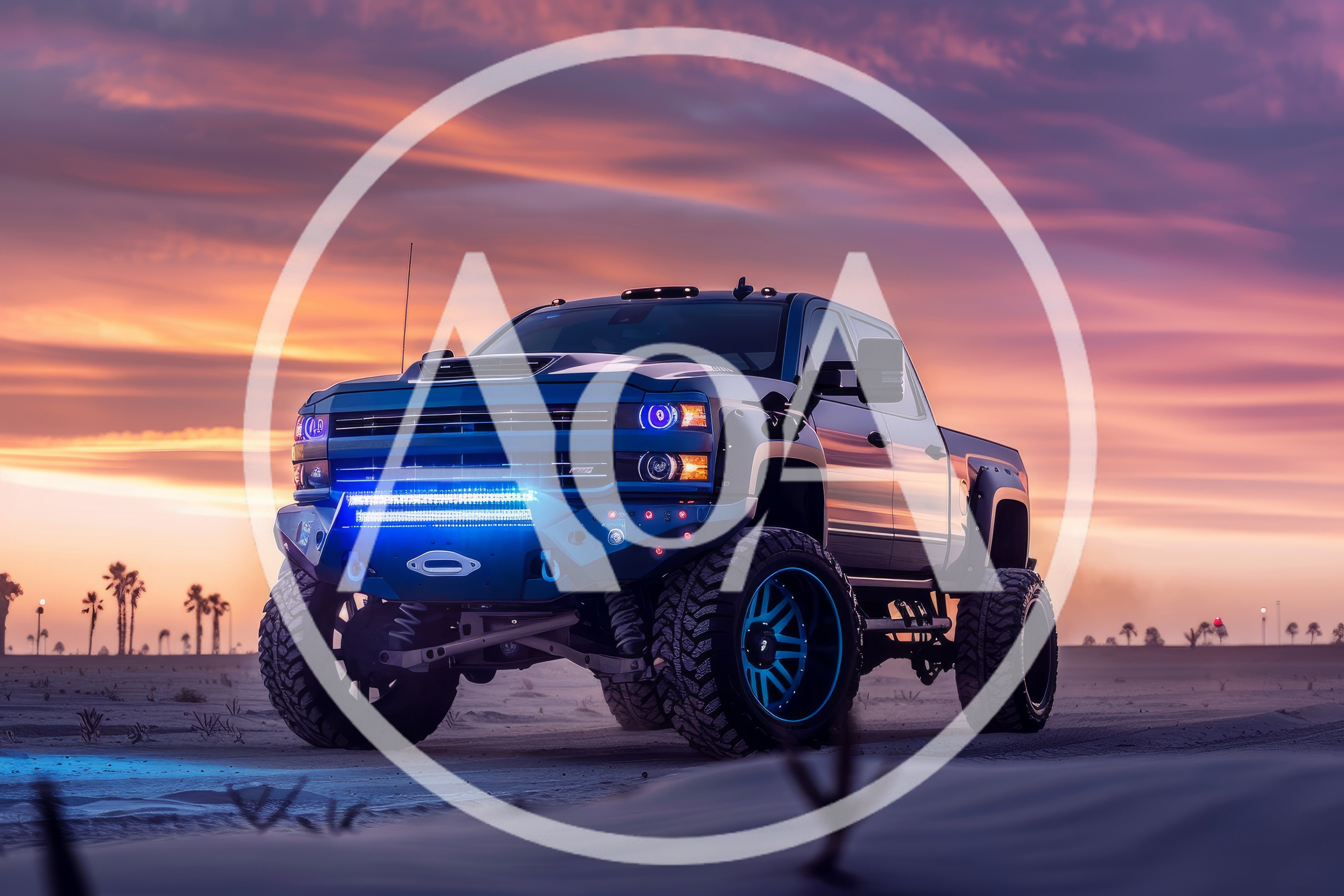 Custom Lifted Pickup Truck in Desert at Sunset