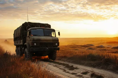 Military Cargo Truck Driving Through Dusty Field At Sunset