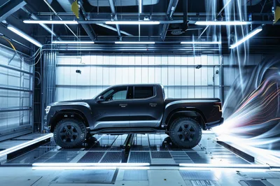 Modern Pickup Truck In Aerodynamic Wind Tunnel Testing