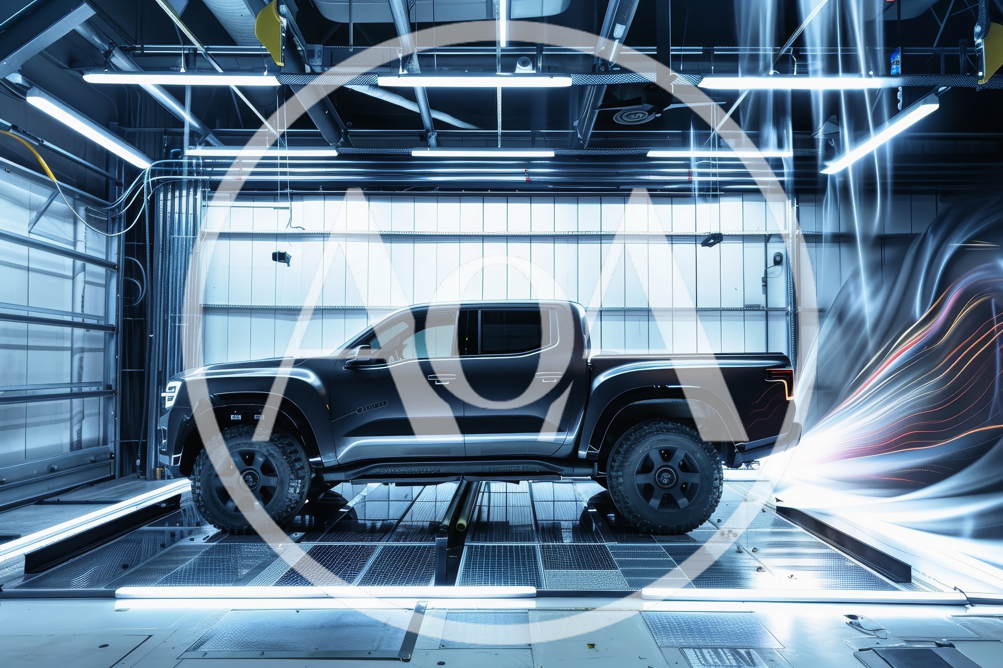 Modern Pickup Truck In Aerodynamic Wind Tunnel Testing