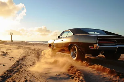 Classic Muscle Car Driving On Sandy Beach At Sunset