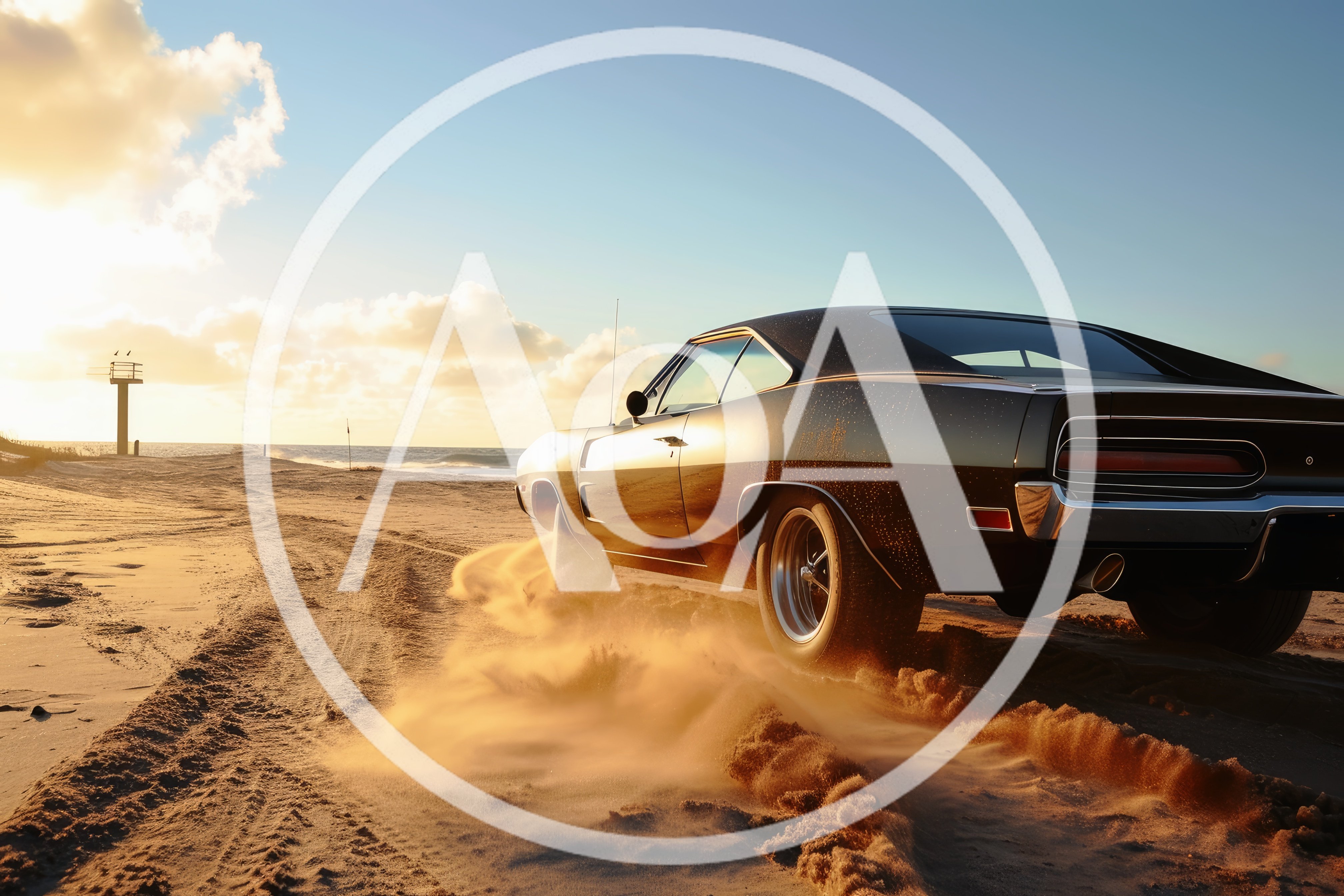 Classic Muscle Car Driving On Sandy Beach At Sunset
