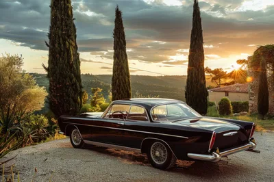 Vintage Black Luxury Coupe Parked In Tuscan Landscape