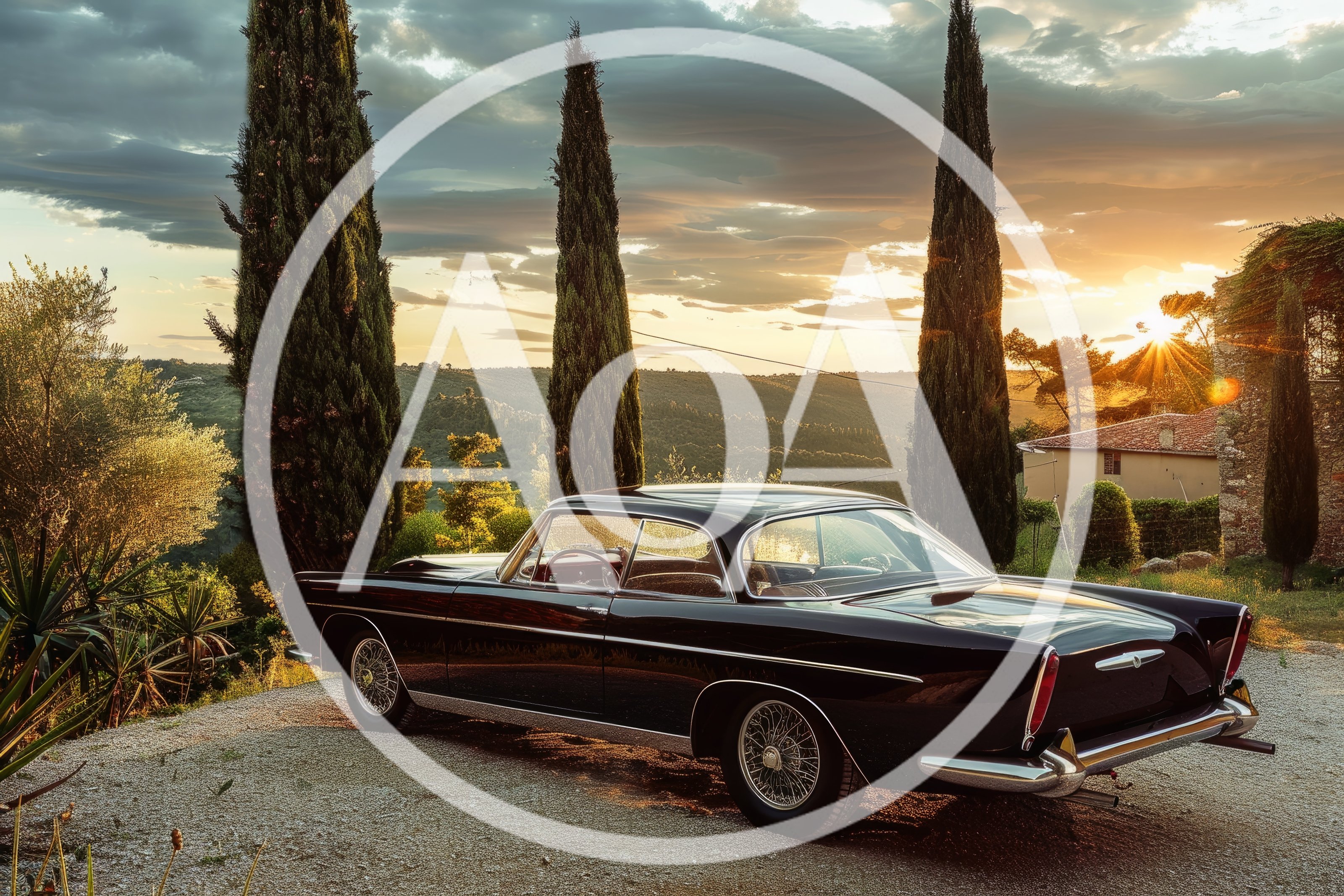 Vintage Black Luxury Coupe Parked In Tuscan Landscape