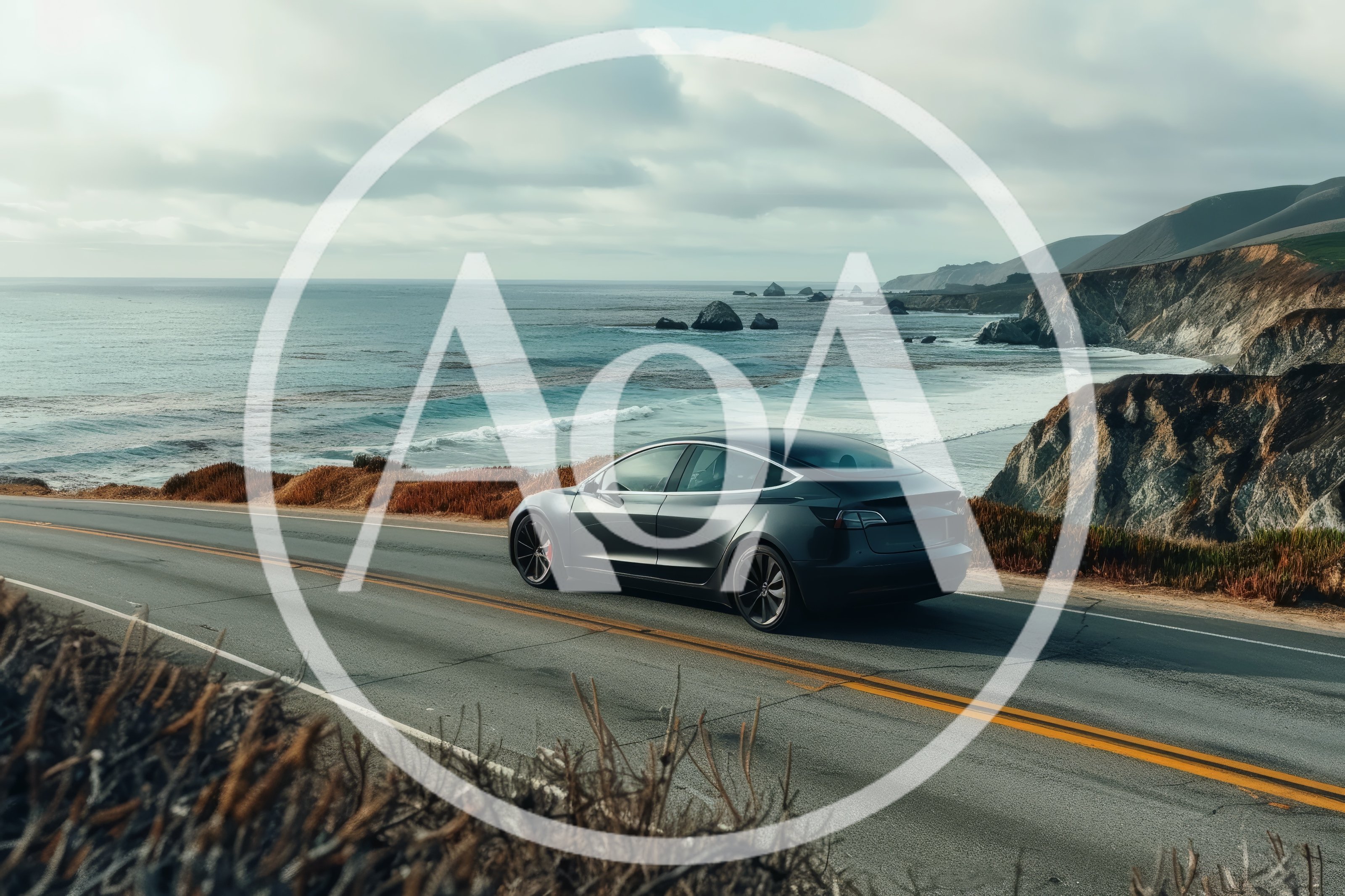Dark Gray Tesla Model 3 Driving Along Coastal Highway