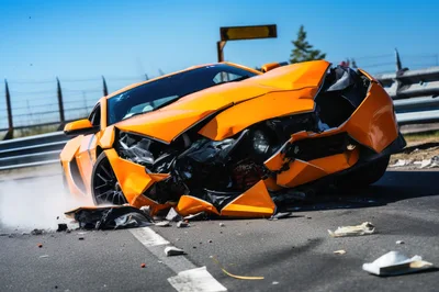Damaged Orange Sports Car After High Speed Collision