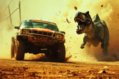 T-Rex Chasing Off-Road Vehicle In Desert