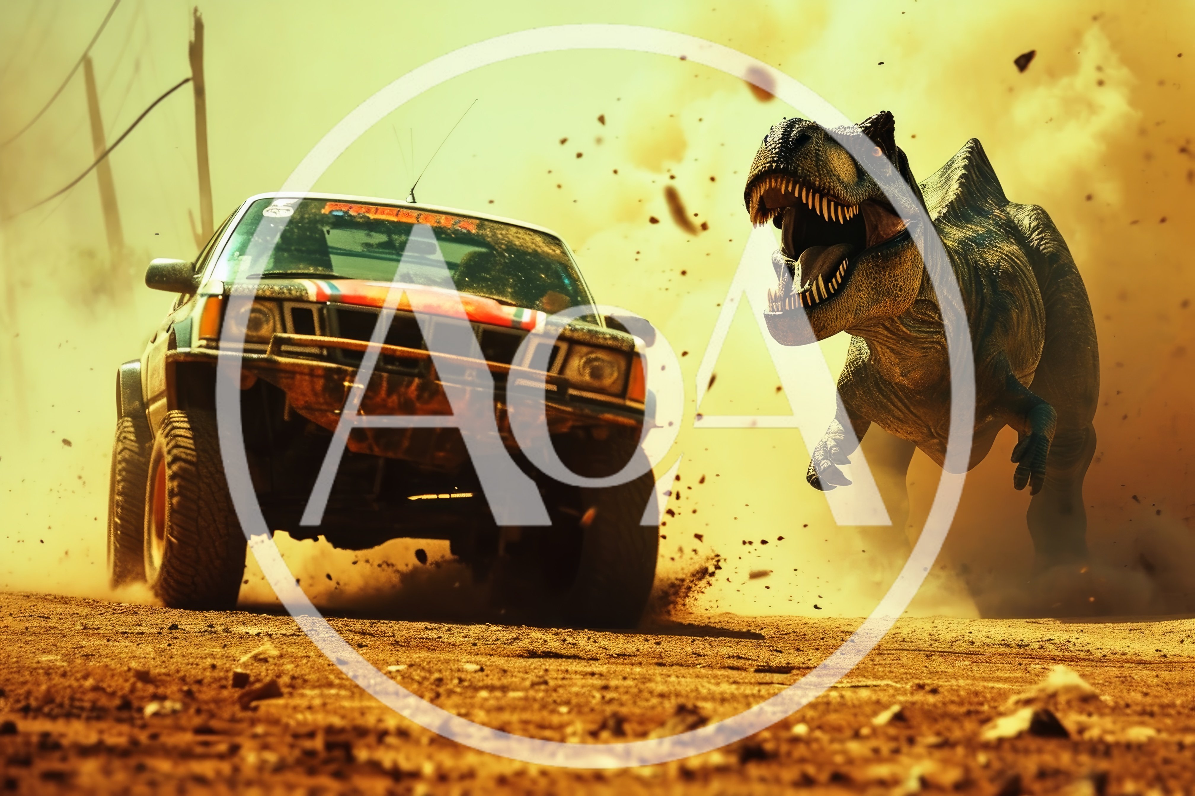T-Rex Chasing Off-Road Vehicle In Desert