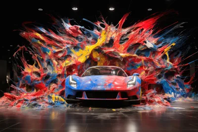 Sports Car Surrounded By Abstract Paint Explosion