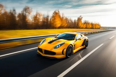 Yellow Sports Car Driving Fast on Highway