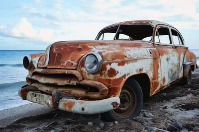 Abandoned Vintage Car On A Tropical Beach