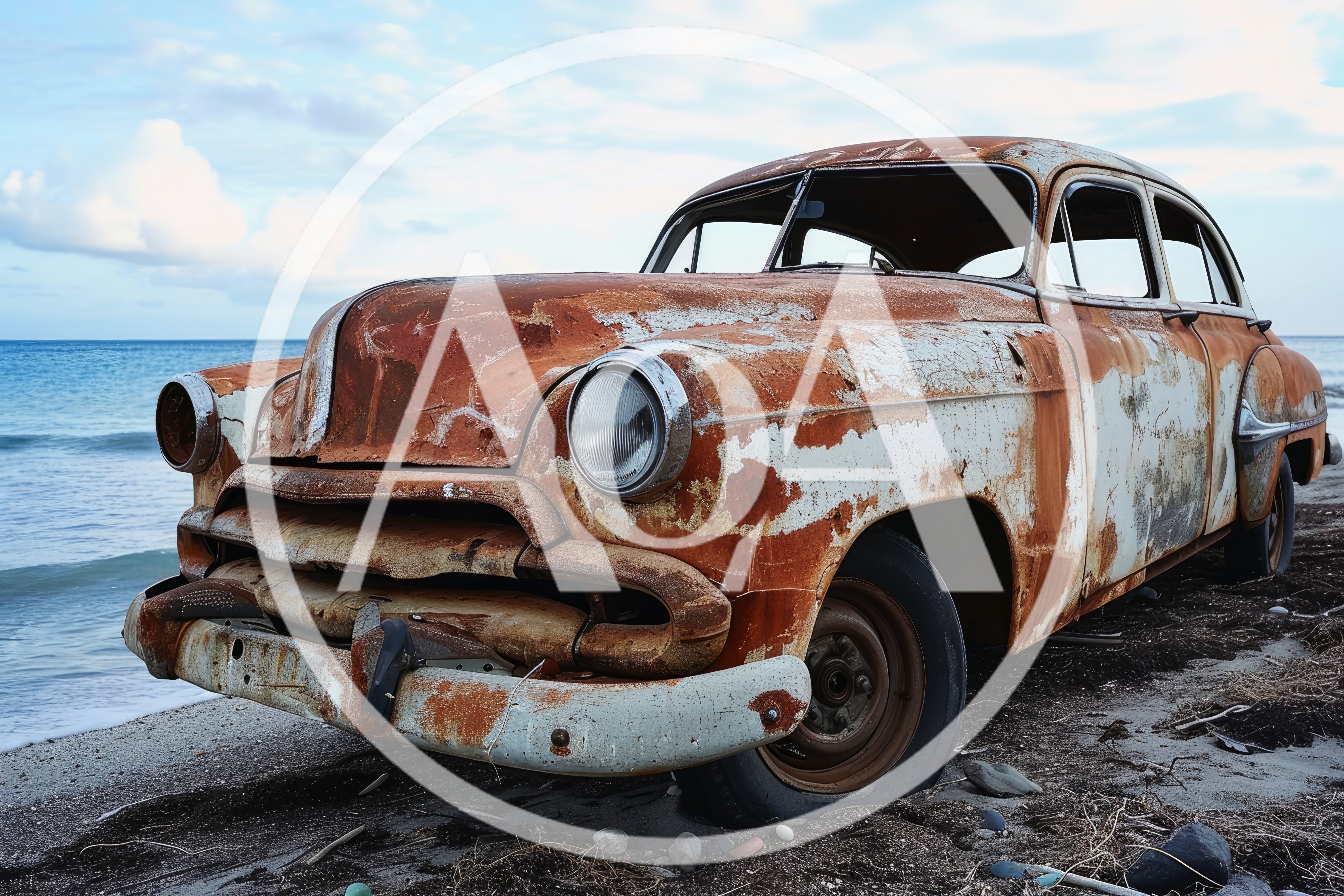 Abandoned Vintage Car On A Tropical Beach