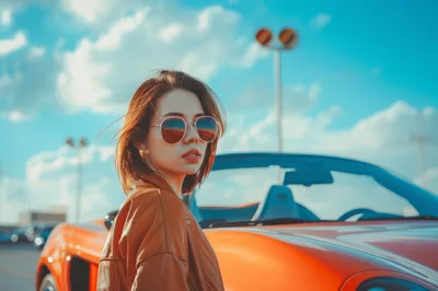 Young Woman Posing With Orange Convertible Sports Car
