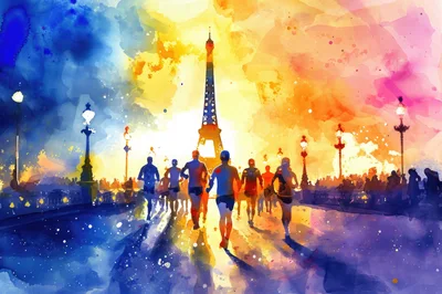 Runners Participating In A Marathon Near The Eiffel Tower