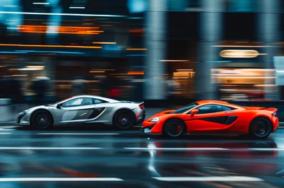 Silver and Orange McLaren Supercars Racing Through City