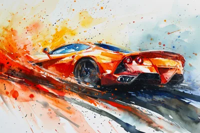 Watercolor Painting Of An Orange Sports Car Drifting