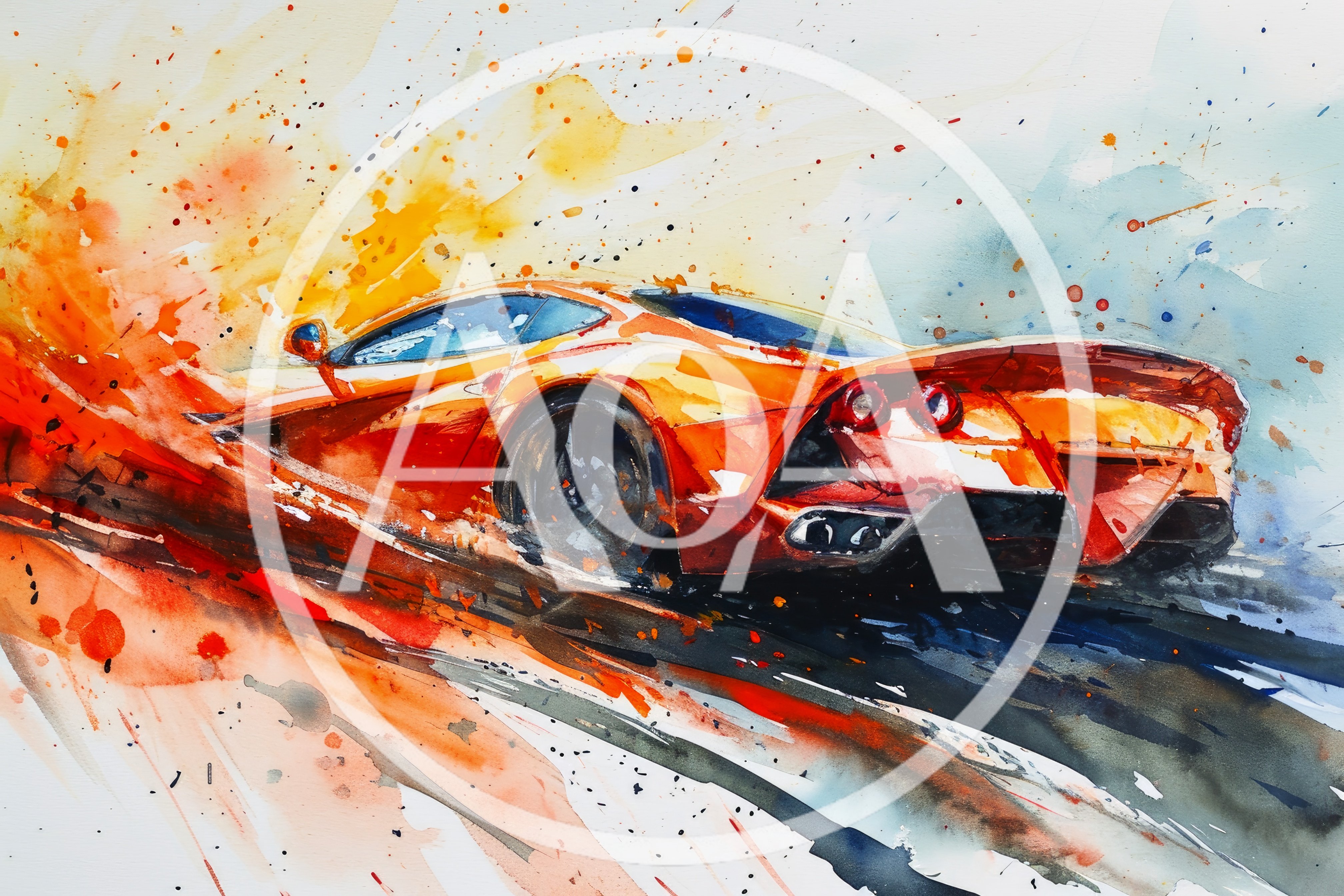 Watercolor Painting Of An Orange Sports Car Drifting