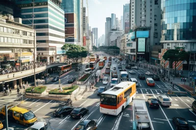Busy Urban Intersection With Traffic And Skyscrapers