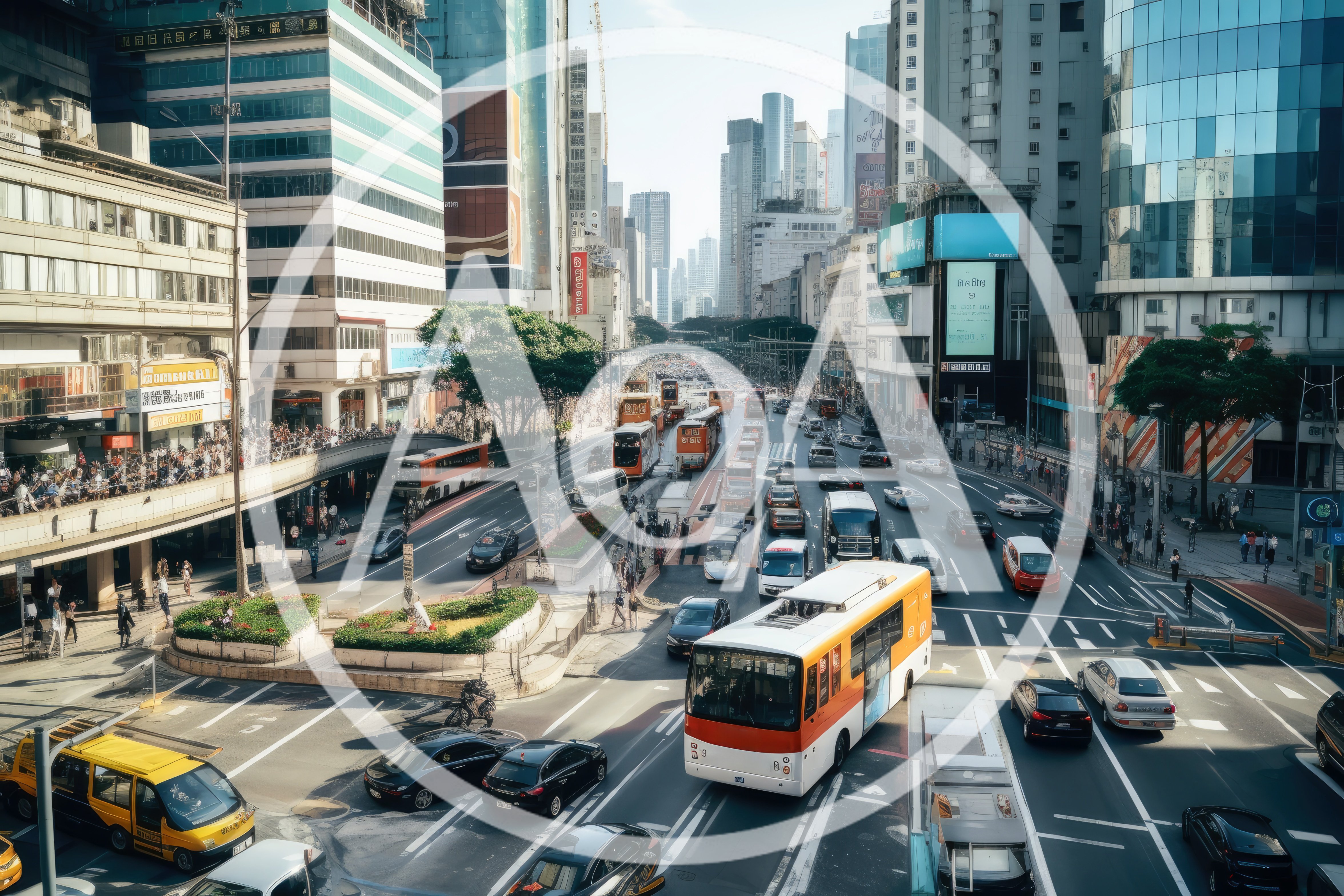 Busy Urban Intersection With Traffic And Skyscrapers