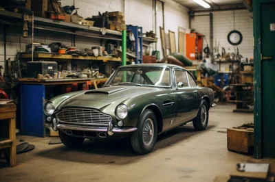 Vintage Green Aston Martin Sports Car In Workshop