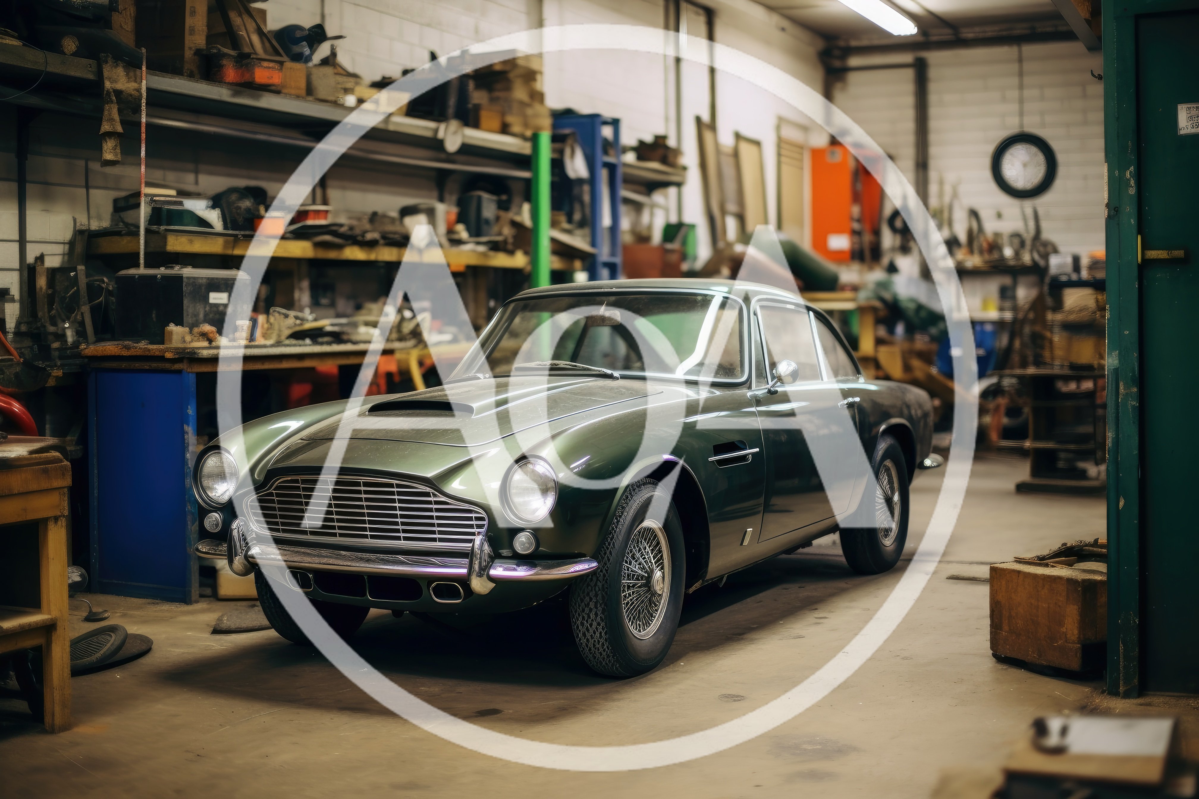 Vintage Green Aston Martin Sports Car In Workshop