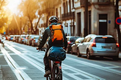Cyclist Commuting Through A Sunny City Street