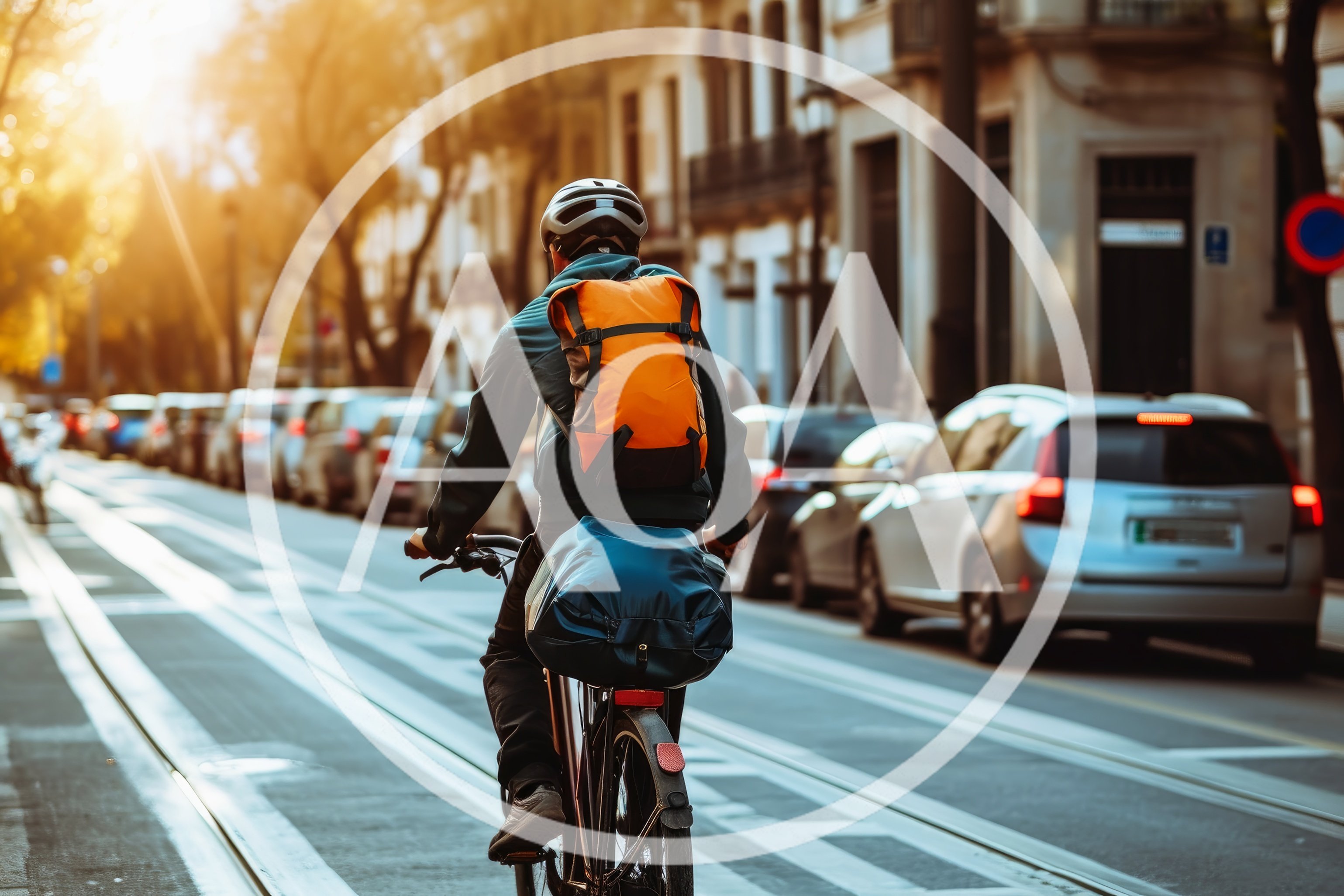 Cyclist Commuting Through A Sunny City Street