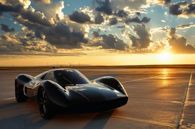 Sleek Black Concept Supercar Parked on Tarmac at Sunset