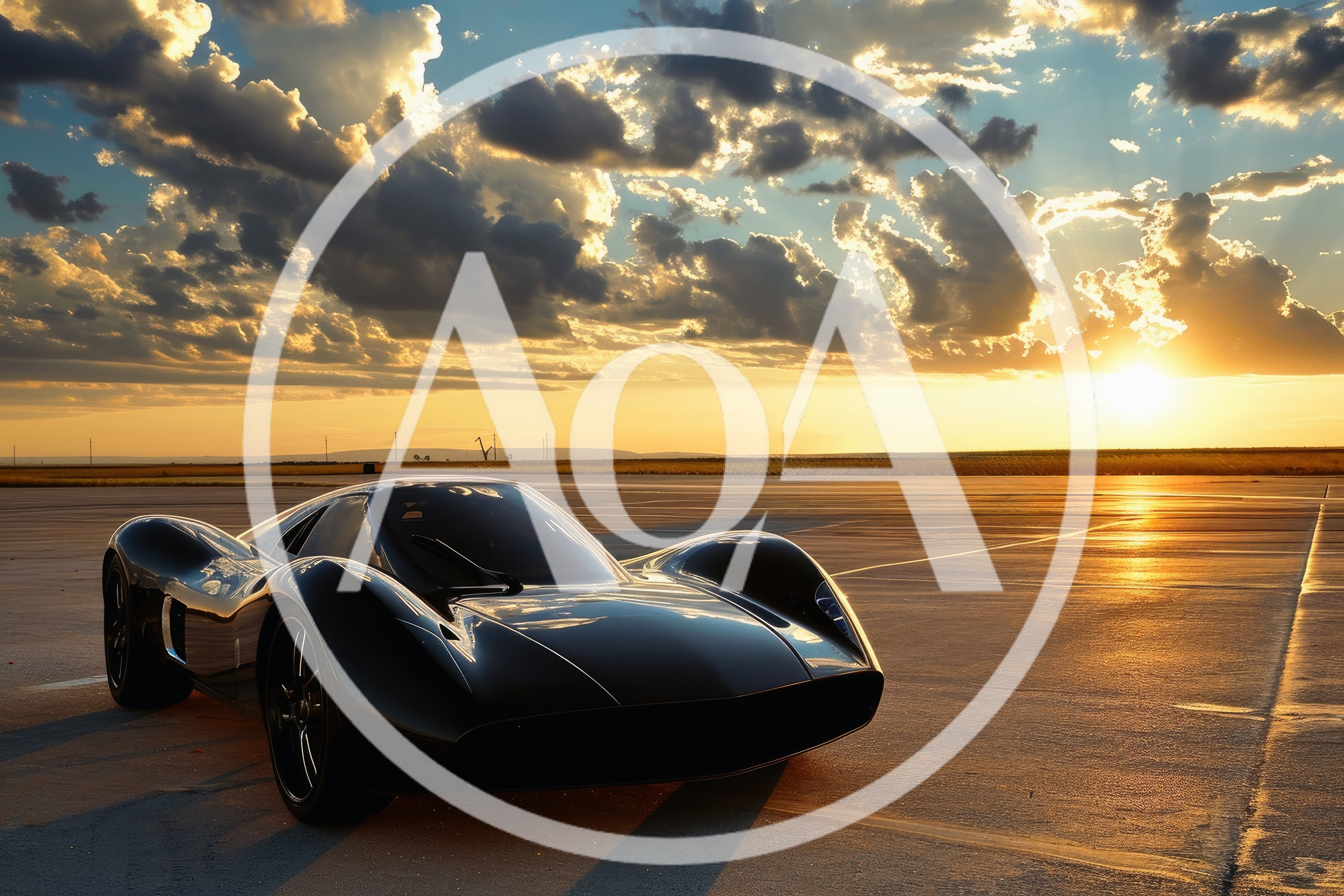Sleek Black Concept Supercar Parked on Tarmac at Sunset
