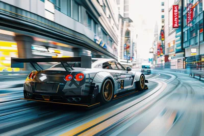 Modified Nissan GT-R Racing Through A Futuristic City