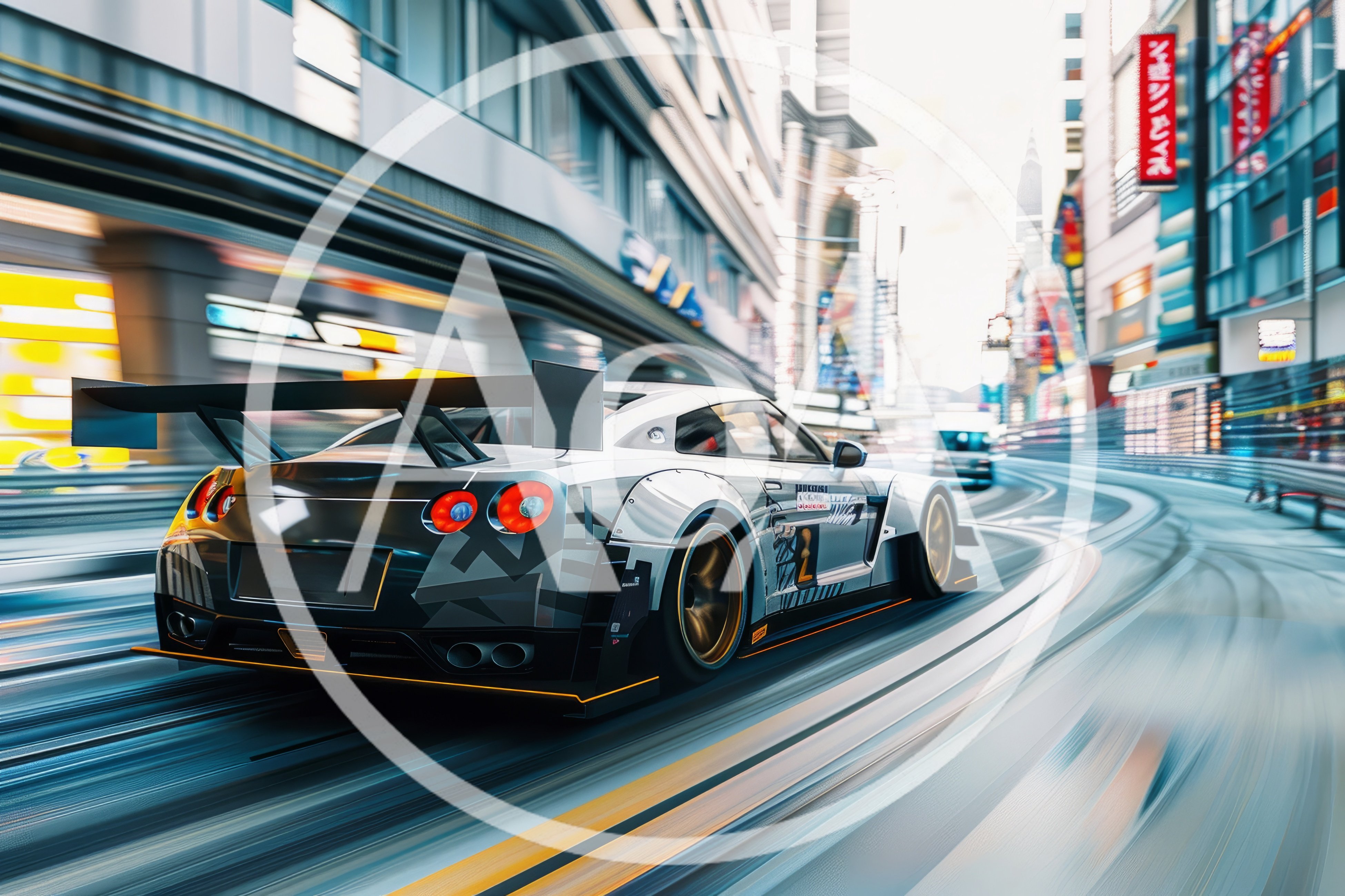 Modified Nissan GT-R Racing Through A Futuristic City