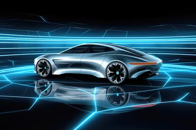 Futuristic Silver Concept Car In Digital Cyber Environment
