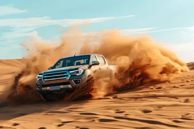 Pickup Truck Drifting Through Desert Sand Dunes