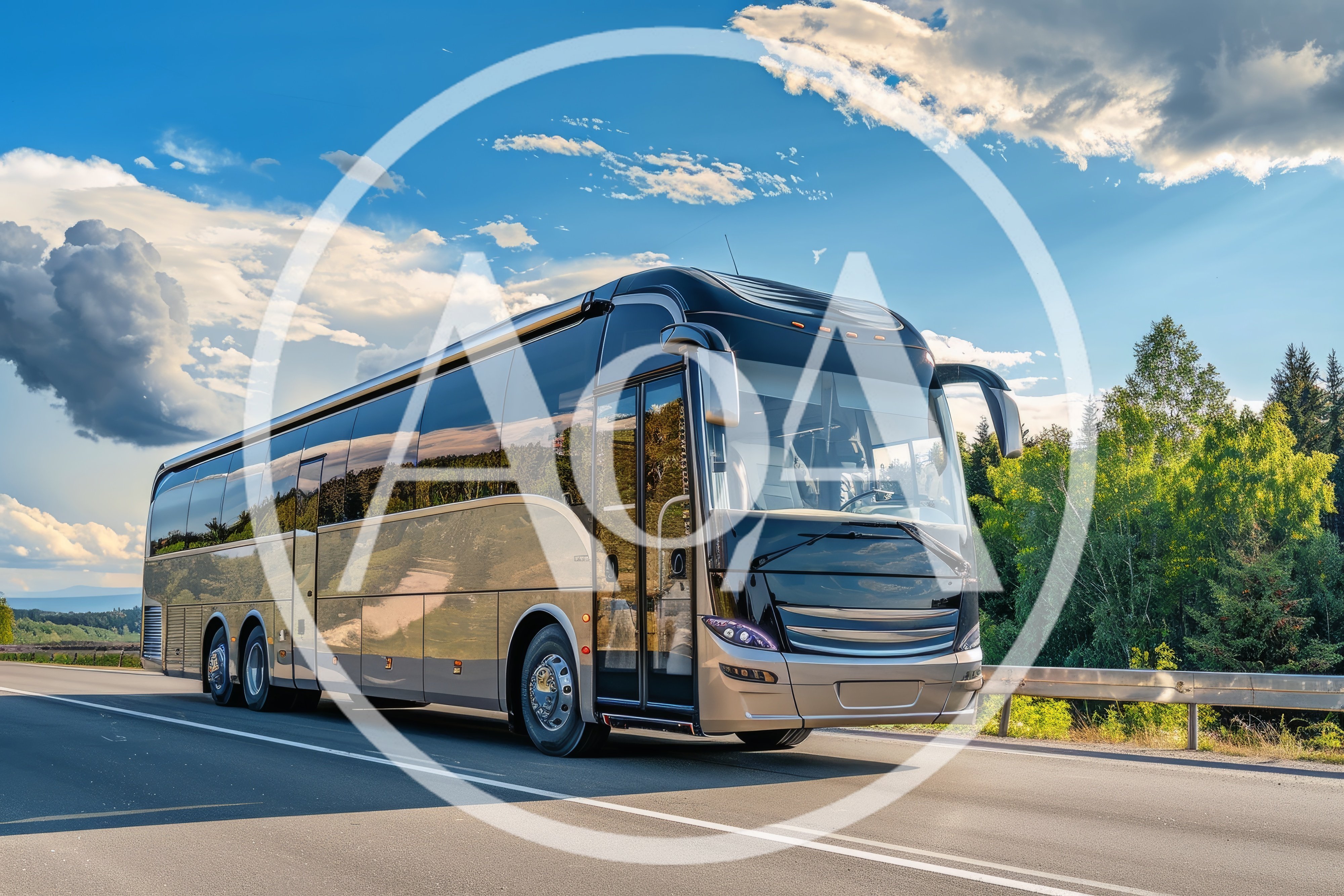 Modern Luxury Coach Bus Driving On A Scenic Highway