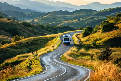 White Camper Van Driving Along A Winding Mountain Road