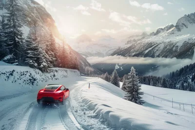 Red Sports Car Driving On Snowy Mountain Road