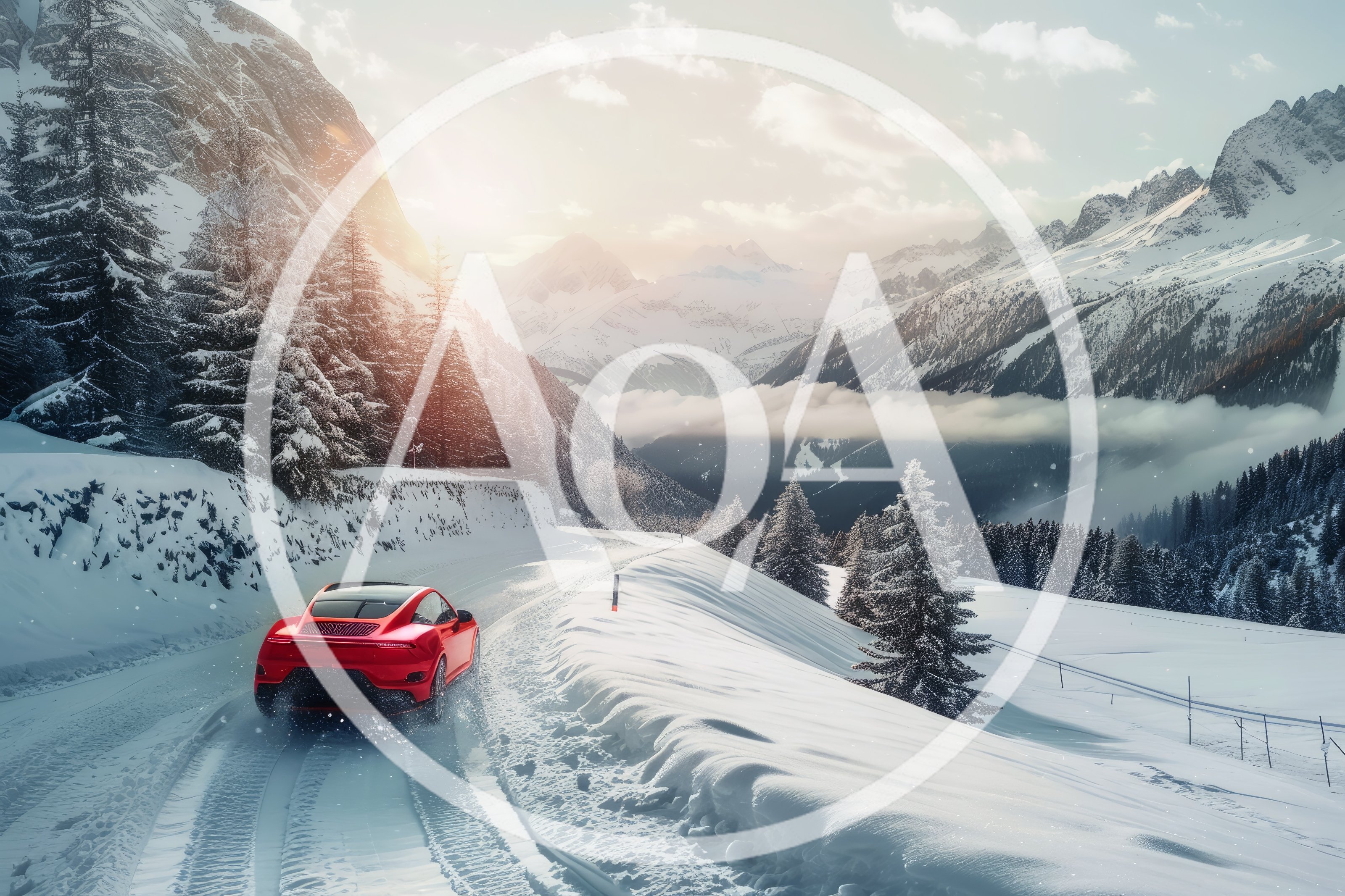 Red Sports Car Driving On Snowy Mountain Road