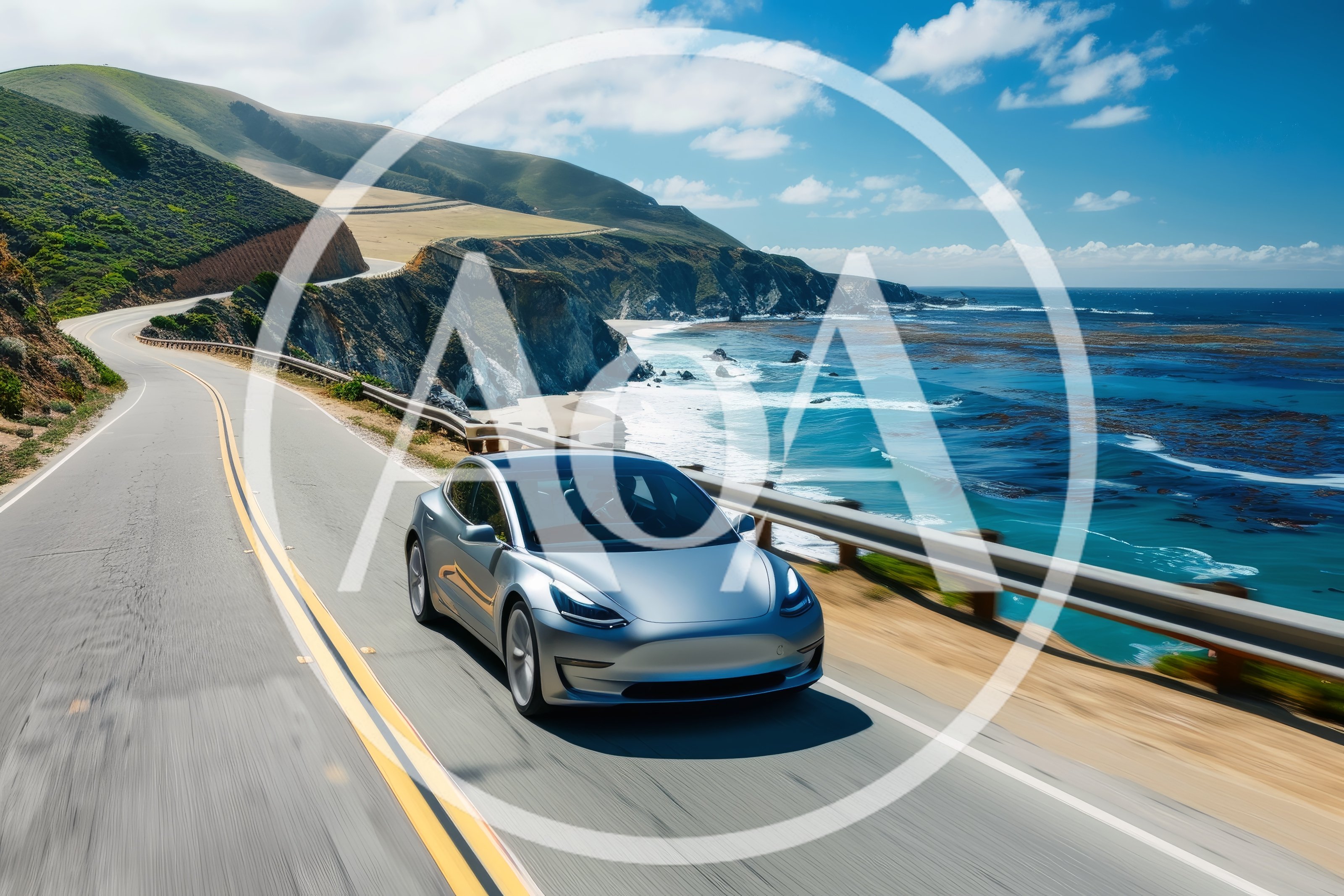 Silver Tesla Model 3 Driving Along Big Sur Coastline