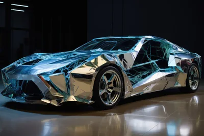 Futuristic Chrome Sports Car With Shattered Glass Design