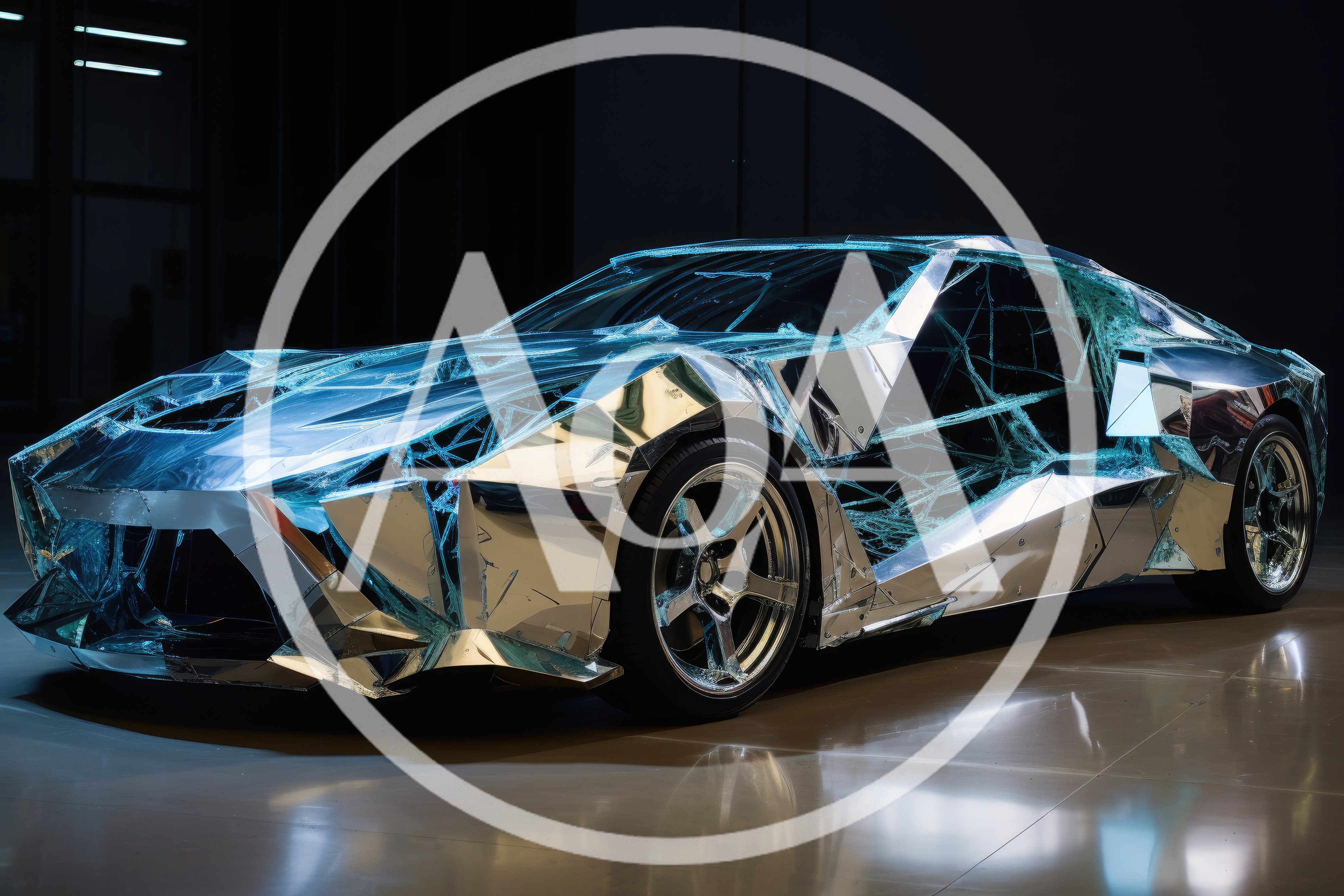 Futuristic Chrome Sports Car With Shattered Glass Design