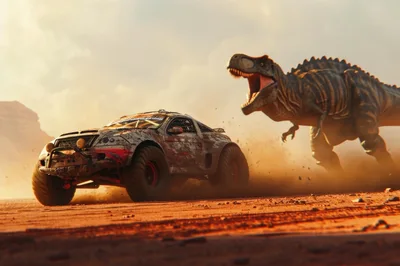 Off-Road Racing Car Fleeing From A Charging Tyrannosaurus Rex