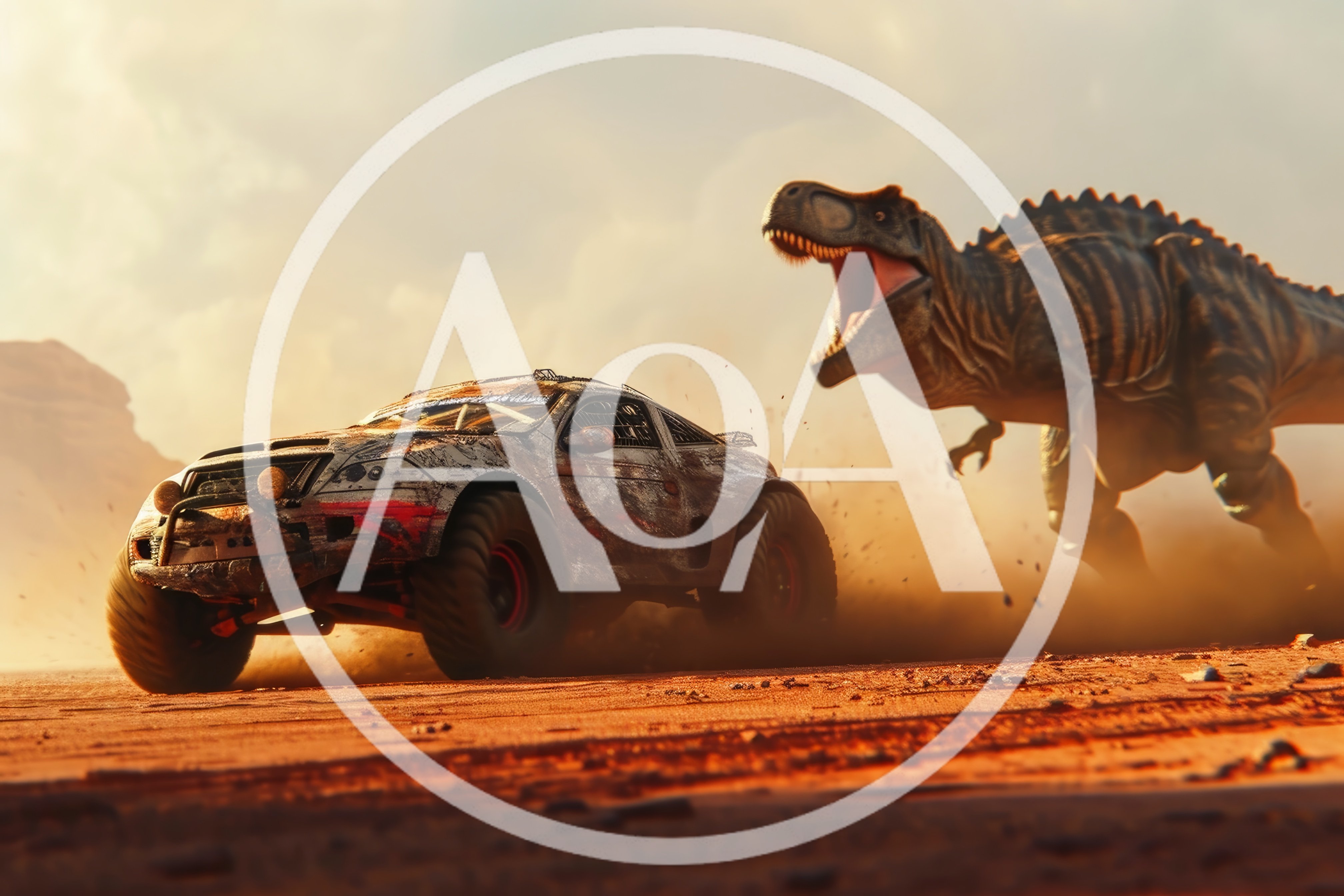 Off-Road Racing Car Fleeing From A Charging Tyrannosaurus Rex