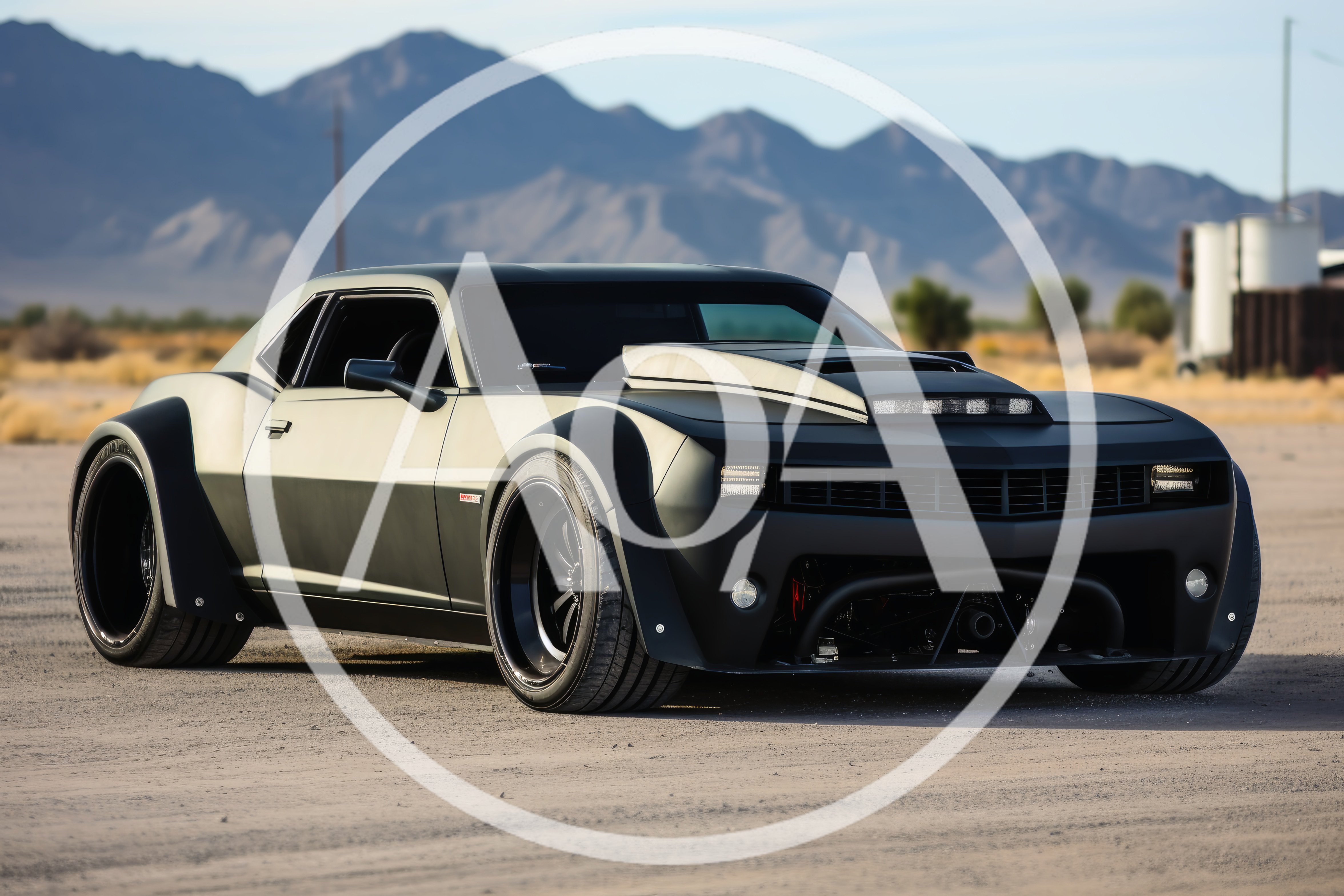 Custom Matte Black Muscle Car In Desert Landscape