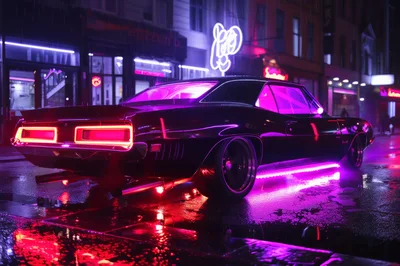 Classic Muscle Car With Neon Underglow In Rainy City