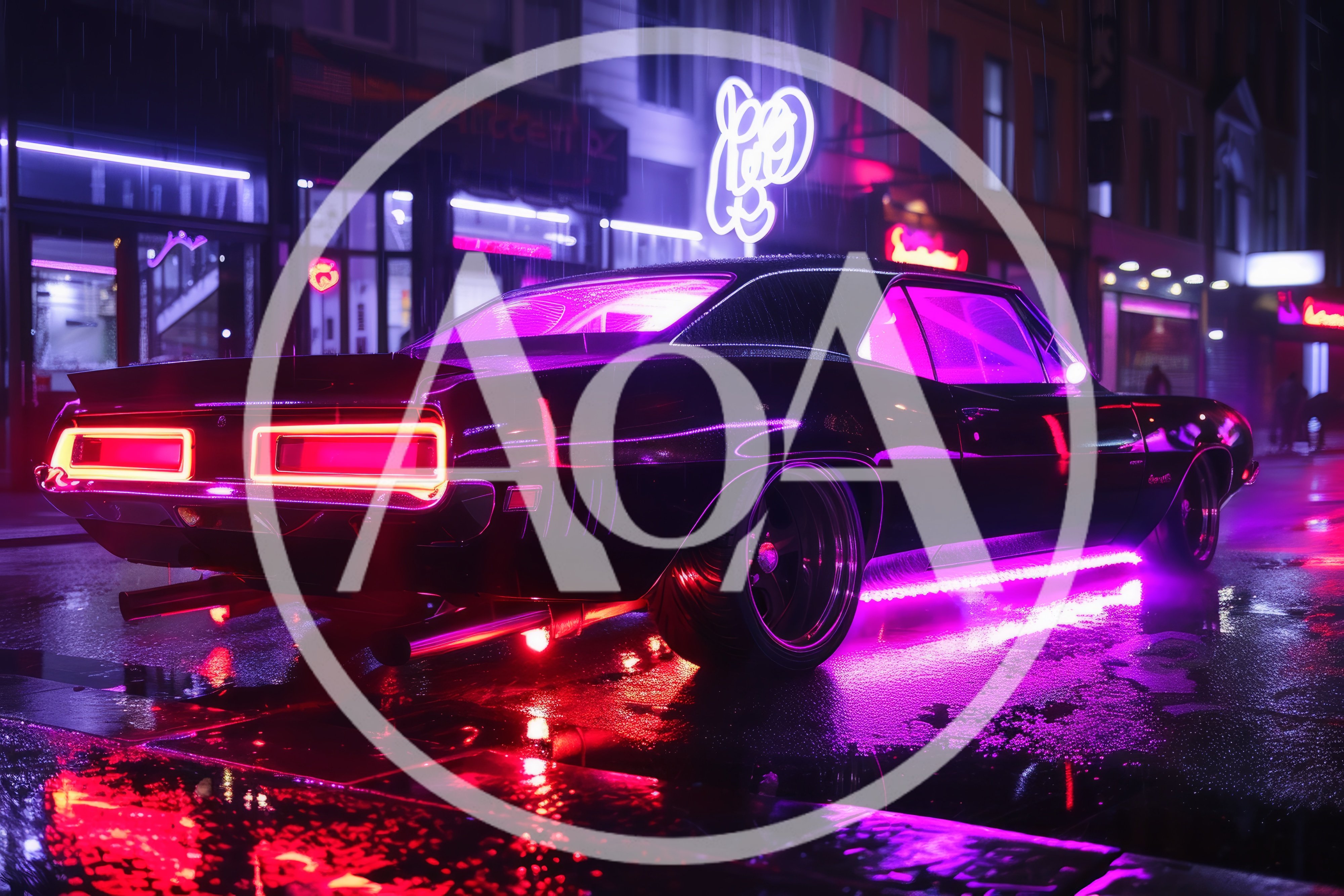 Classic Muscle Car With Neon Underglow In Rainy City